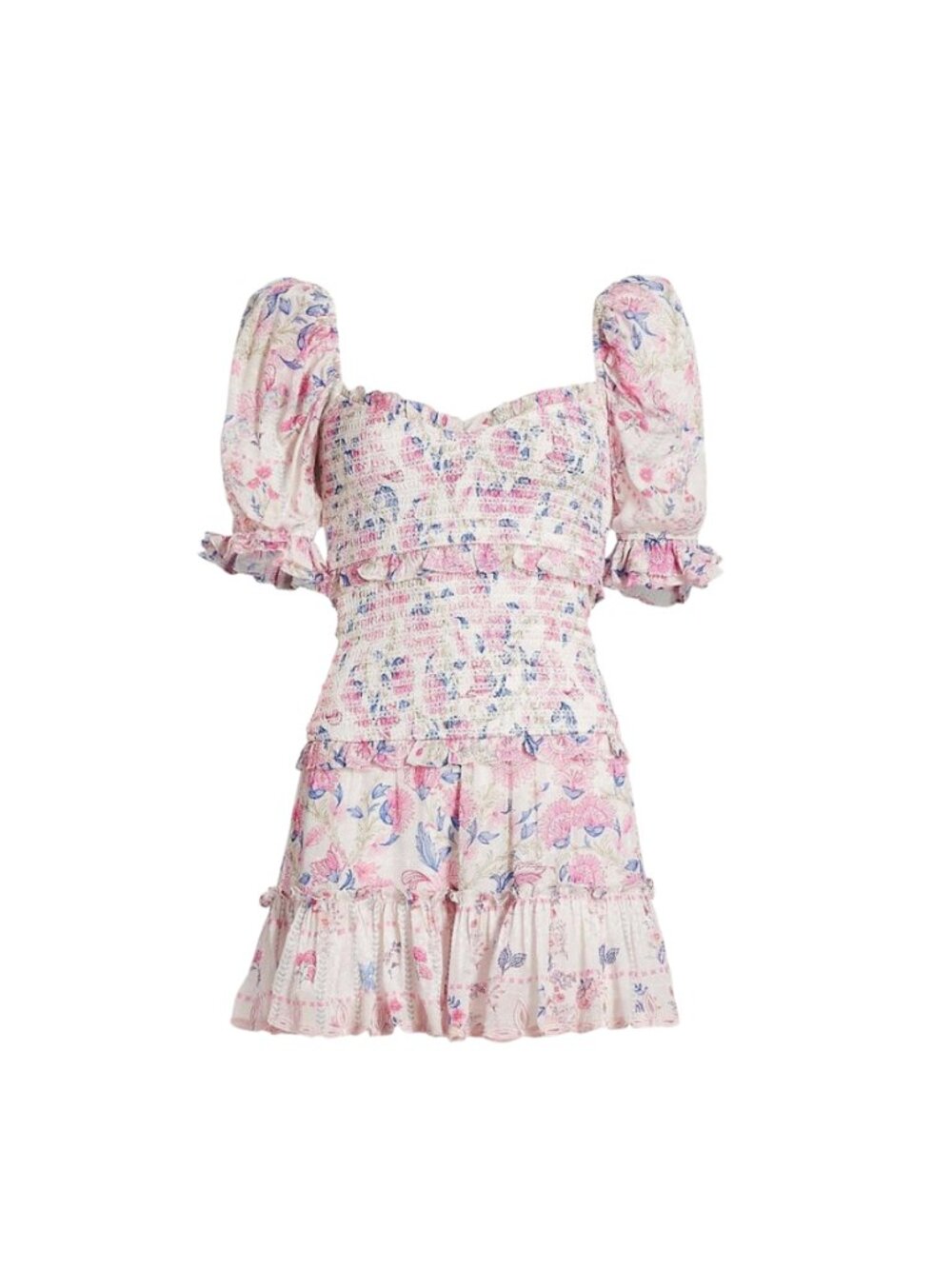 Hemant & Nandita Floral Mini Dress Womens Medium White Pink Smocked Puff Sleeves